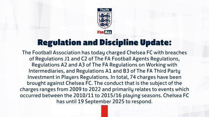 官方：英足总对切尔西提起74项指控，涉及后者09-22年间行为